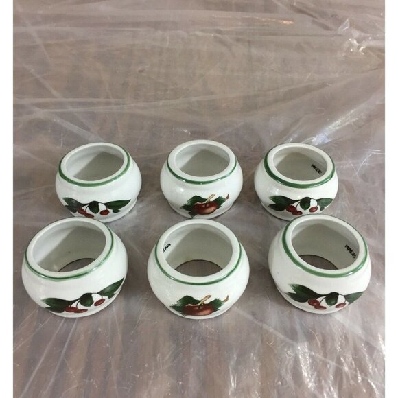 Ceramic Napkin Rings White w Painting Of Apple & Cherries 1.25” Wide Set Of 6 - Picture 9 of 10